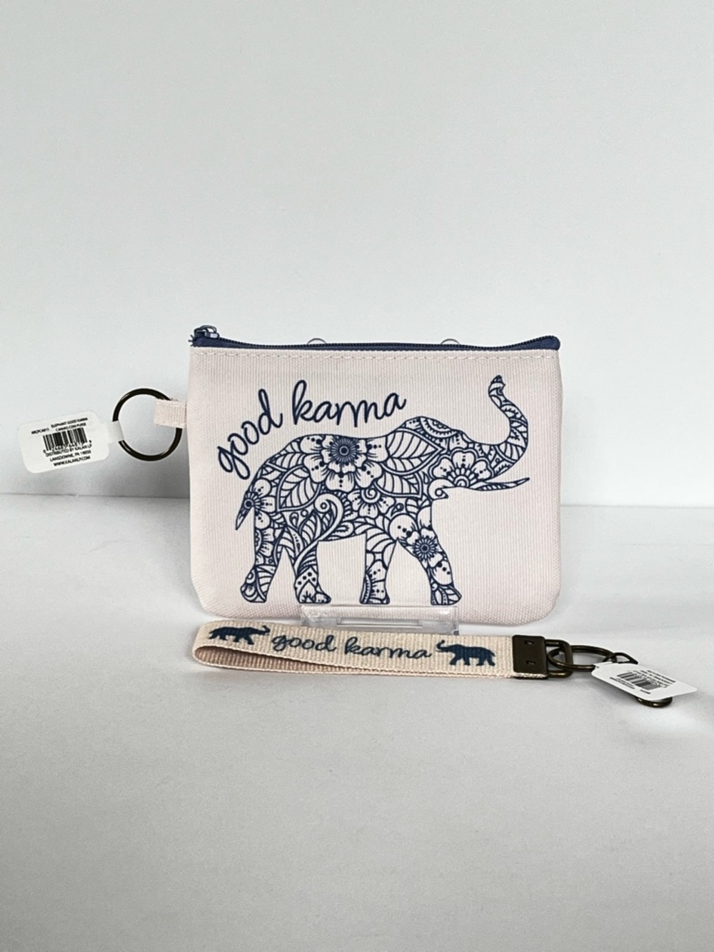 Boho Good Karma Elephant Canvas Zipper Pouch and Keychain Wristlet Set